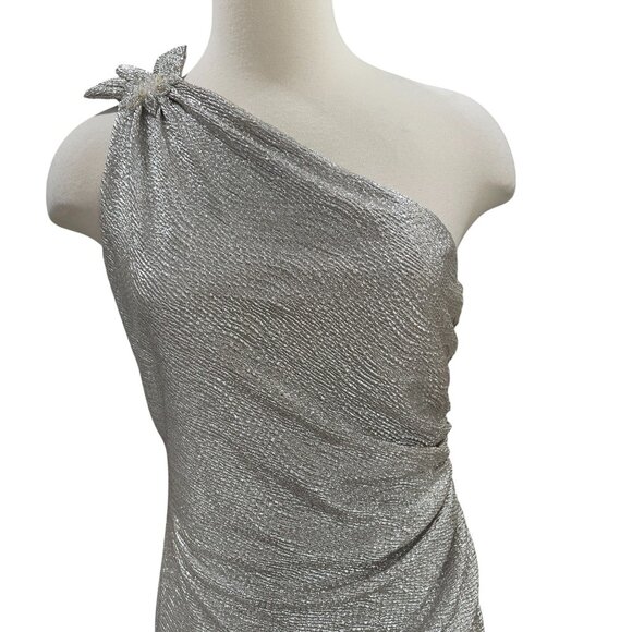 David Meister Silver One Shoulder Gown Formal Dress 8 Ruched Metallic Glam - Picture 4 of 12